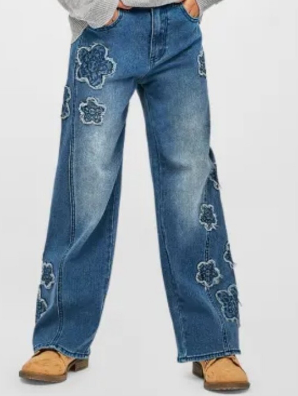 Hannah Banana Floral Patch Applique Wide Leg Blue Denim Jeans Girls Size 7